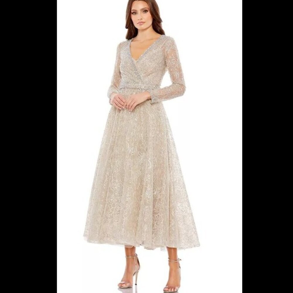 NWT Mac Duggal Embellished Wrap Over Long Sleeve Midi Dress Taupe Size 6 - Picture 3 of 14